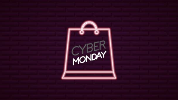 Cyber monday neon φώτα animation με τσάντα αγορών — Αρχείο Βίντεο