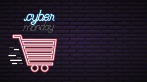 Cyber poniedziałek neon lights animacja z koszykiem — Wideo stockowe