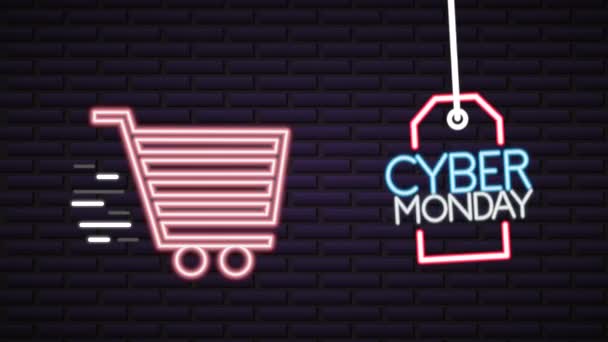 Cyber monday neon lights animation with shopping cart — Stock Video