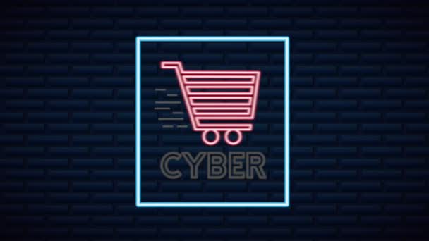 Cyber måndag neon ljus animation med kundvagn — Stockvideo