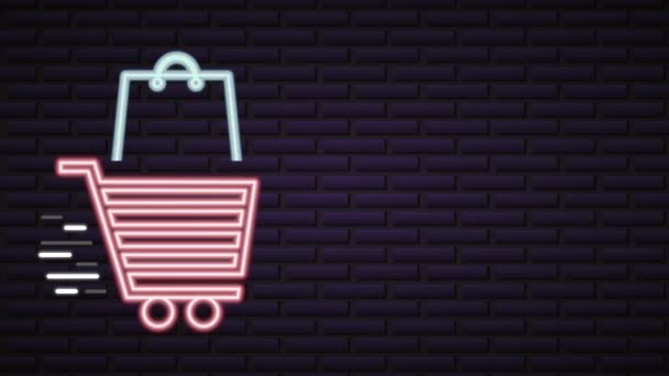 Cyber maandag neon verlichting animatie met winkelwagen — Stockvideo