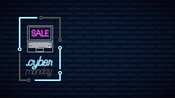 Cyber poniedziałek neon lights animacja z laptopem — Wideo stockowe
