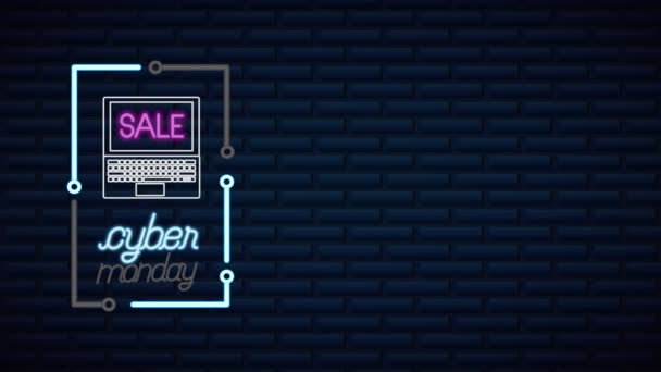 Cyber monday neon lights animation with laptop — Stock Video