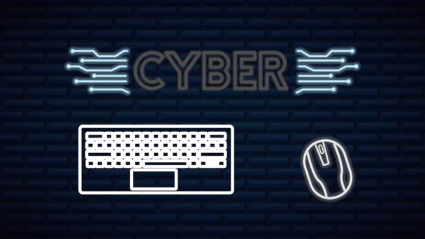 Cyber monday neon lights animation with keyboard and mouse — Stock Video