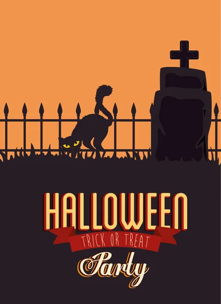Cartel de fiesta halloween con gato negro y lápida — Vector de stock