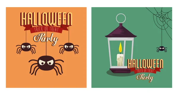 Набор постеров Хэллоуин с пауками и лампой — стоковый вектор