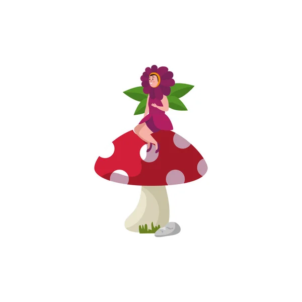 Wanita yang menyamar dari bunga duduk di jamur - Stok Vektor