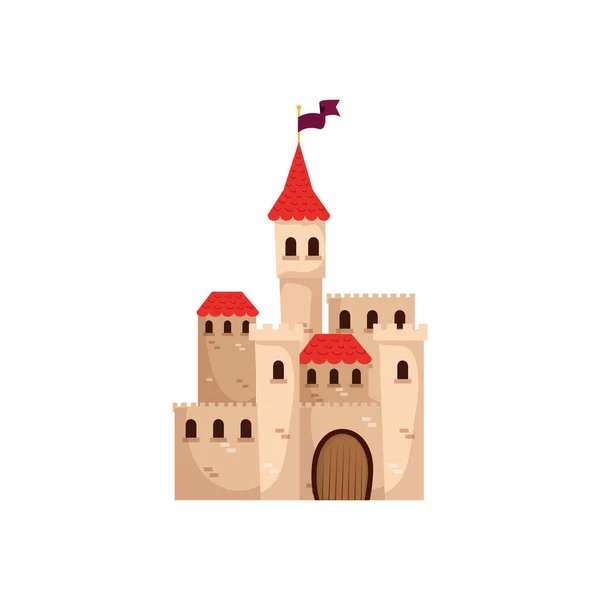 Castillo de cuento de hadas con bandera icono aislado — Vector de stock
