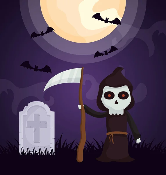 Halloween escuro cemitério cena com a morte personagem — Vetor de Stock