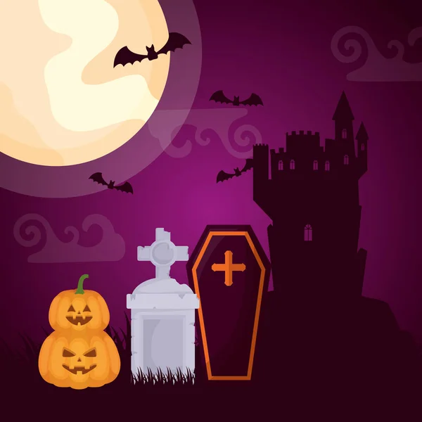 Halloween donkere begraafplaats scene met doodskist — Stockvector