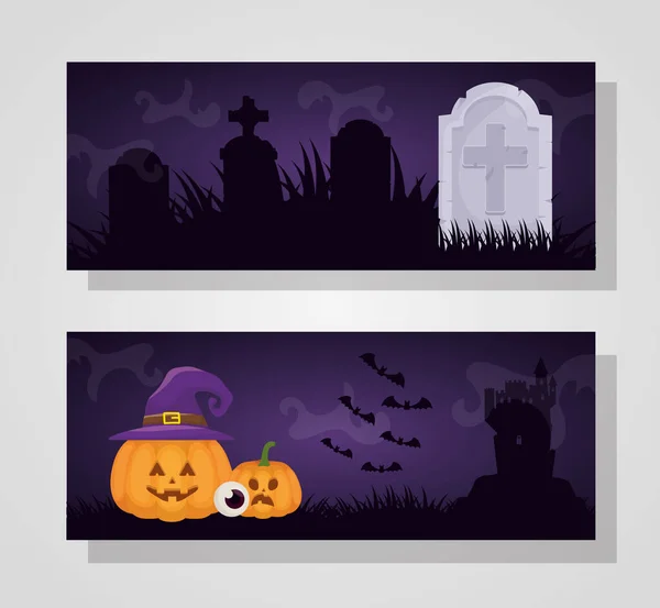 Halloween sötét jelenet tök és boszorkány kalap — Stock Vector