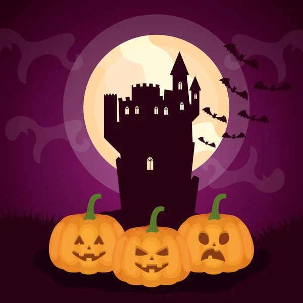 Halloween sötét jelenet kastély sütőtök — Stock Vector