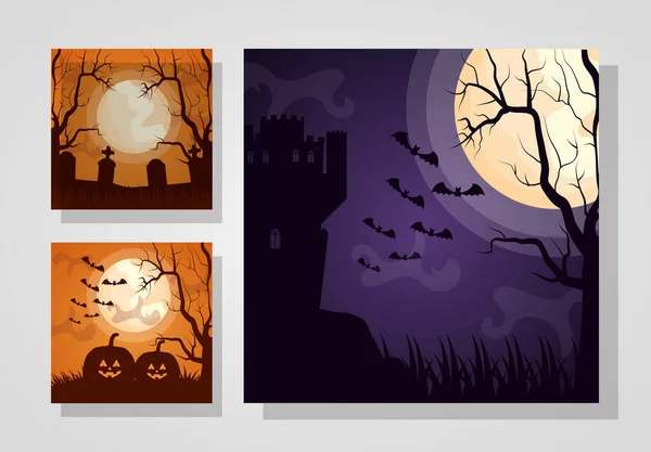 Feliz halloween set escenas oscuras — Vector de stock