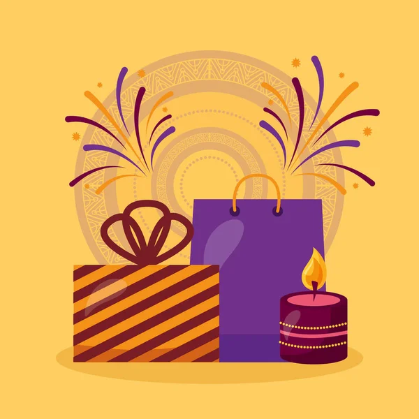 Щаслива листівка Дівалі з подарунками та святкуванням свічок — стоковий вектор