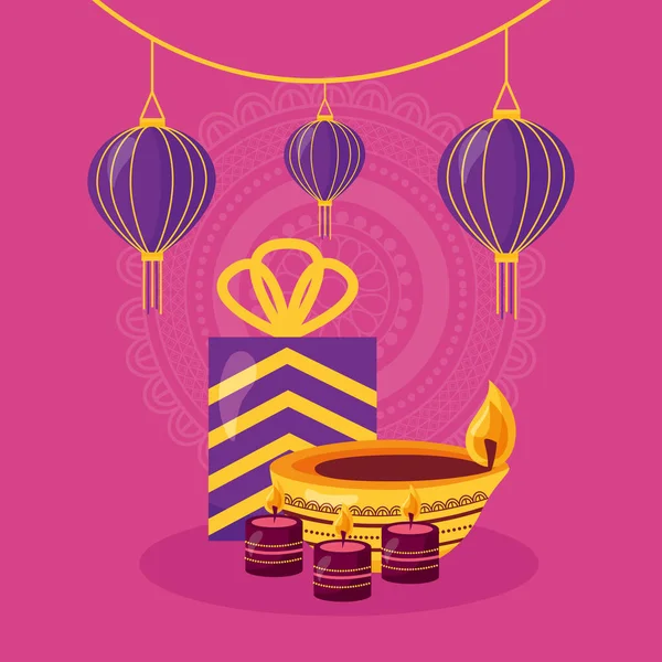 Mutlu diwali kartları hediye ve mum kutlama ikonu — Stok Vektör
