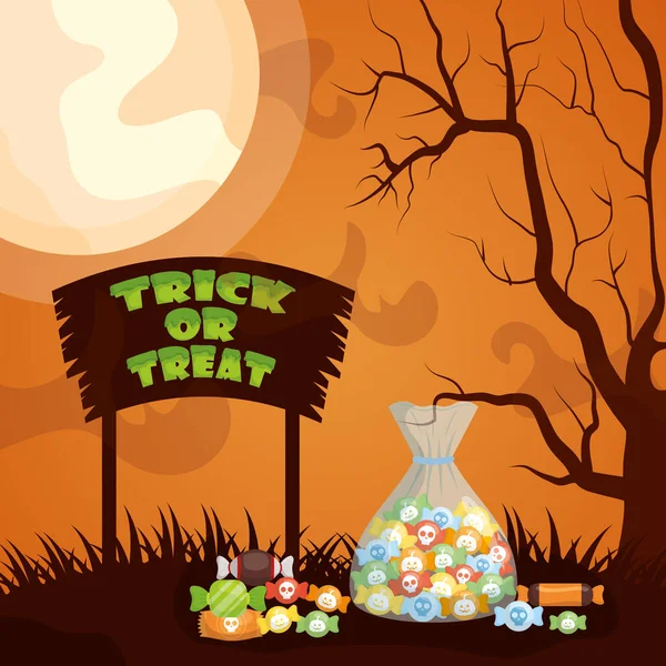 Halloween escena oscura con bolsa de caramelos — Vector de stock