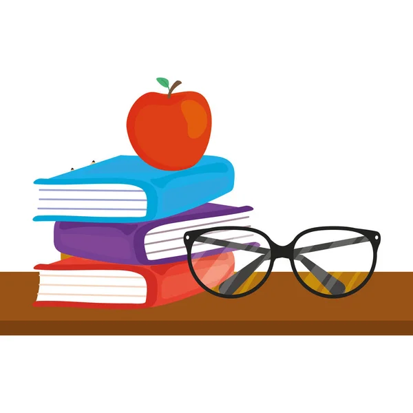 Libros de texto de pila con anteojos y manzana — Vector de stock
