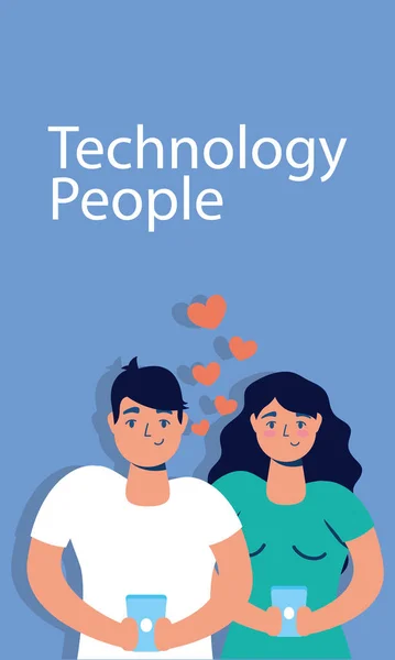 Tecnologia de casal com personagens de smartphones — Vetor de Stock
