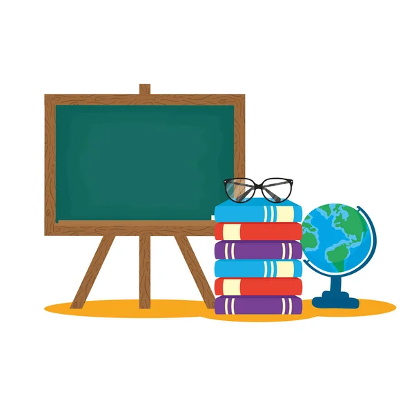 School chalkboard with books and world map — Stock Vector
