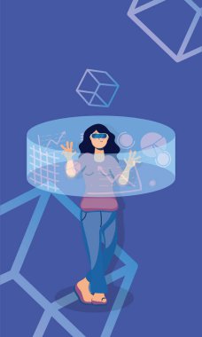 Etkileşimli ekranda sanal gerçeklik teknolojisi kullanan kadın