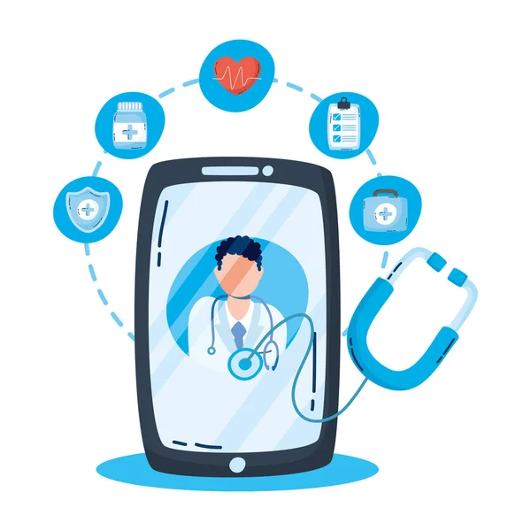 Professionele arts met stethoscoop in smartphone — Stockvector