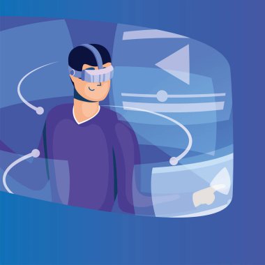 Genç adam sanal gerçeklik teknolojisini etkileşimli ekranda kullanıyor