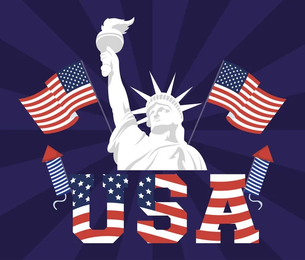Dia da independência dos EUA com bandeira e estátua da liberdade — Vetor de Stock