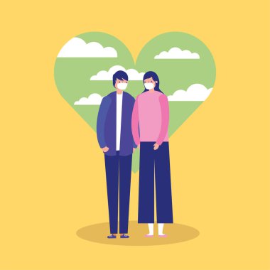 Anne ve babalar yüz maskelerini kalplerinde covid19 için kullanırlar.