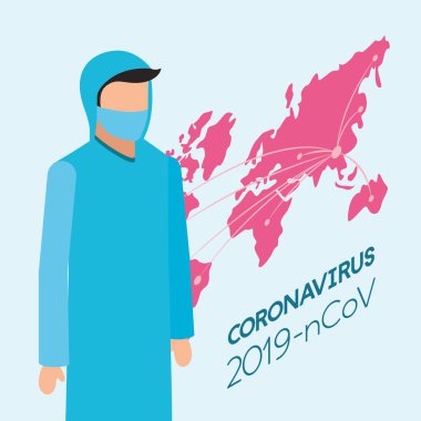 Dünya haritalı yüz maskesi kullanan profesyonel bir doktor.