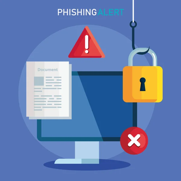 Hacking de phishing de dados on-line scam conceito, com computador e ícones gancho —  Vetores de Stock