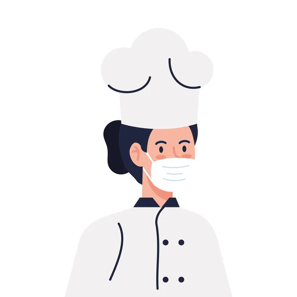 Chef female using face mask during covid 19 on white background — Stock Vector