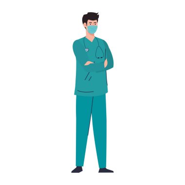 Beyaz arkaplanda covid 19 sırasında yüz maskesi kullanan sağlık görevlisi