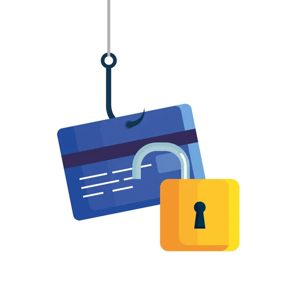 Phishing de datos piratería concepto de estafa en línea, con gancho de tarjeta de crédito — Vector de stock