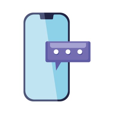 Konuşma baloncuklu akıllı telefon, çevrimiçi iletişim konsepti ve beyaz arka planda sosyal medya