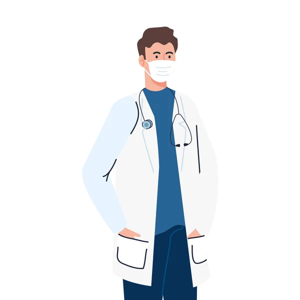 Arzt mit Gesichtsmaske während Covid 19 auf weißem Hintergrund — Stockvektor