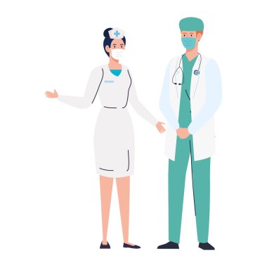 Beyaz arka planda Coperid 19 sırasında yüz maskesi kullanan doktorlu hemşire.