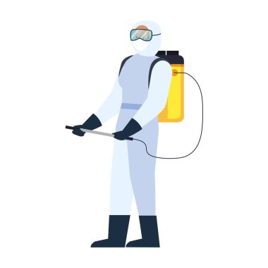 Koruyucu giysisi olan kişi CV19 virüsleri püskürtmek için, dezenfeksiyon virüsü konsepti