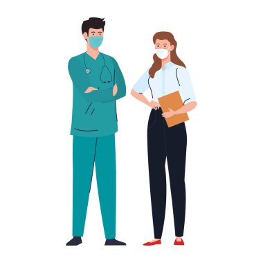 Beyaz arkaplanda covid 19 sırasında yüz maskesi kullanan sağlık görevlisi sekreteri