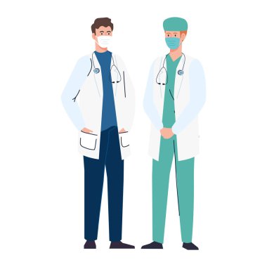 Beyaz arka planda Cavid 19 sırasında yüz maskesi kullanan doktorlar