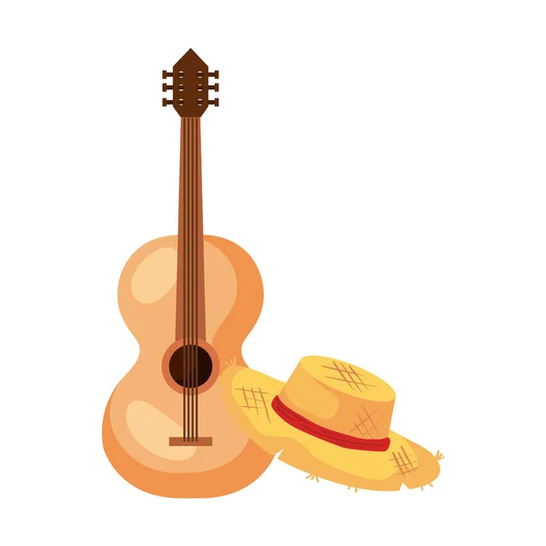 Classical wooden guitar with hat wicker on white background — Stock Vector