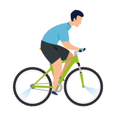 Beyaz arka planda sert kuyruklu dağ bisikletli adam.