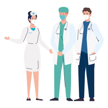 Beyaz arkaplanda Cavid 19 sırasında yüz maskesi kullanan işçiler