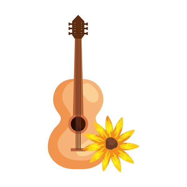 Sunflower plant with classical wooden guitar on white background — Stock Vector