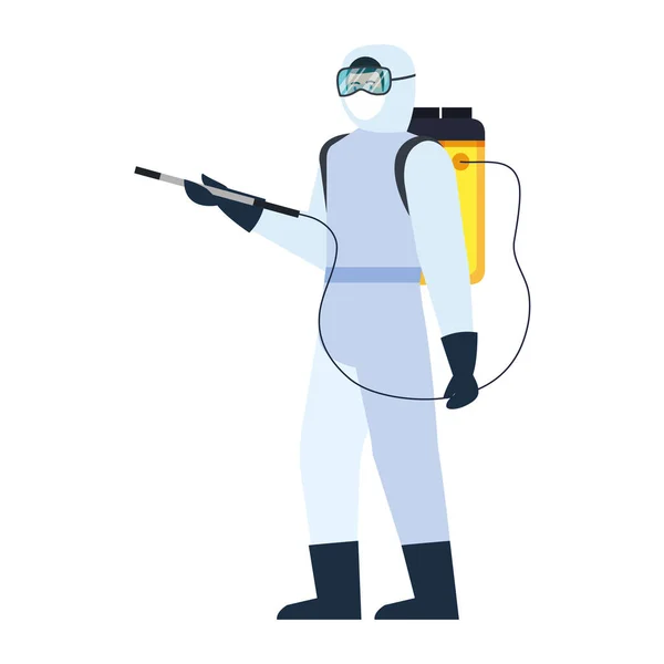 Persona con traje protector para la pulverización de virus de covid 19, concepto de virus de desinfección — Vector de stock