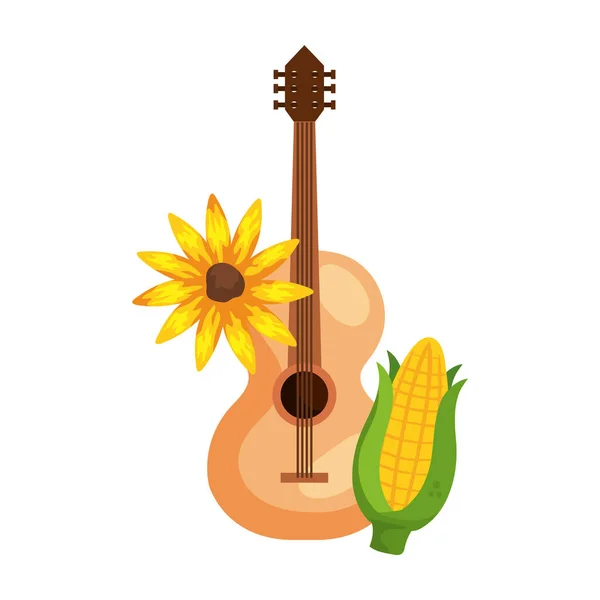 Corn and sunflower with classical wooden guitar on white background — Stock Vector