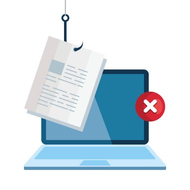 data phishing online hack dolandırıcılık konsepti, laptop ve belge kancası ile