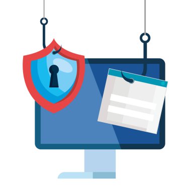 Bilgisayar masası ve simge kancası ile çevrimiçi dolandırıcılık konsepti