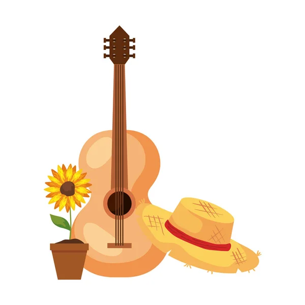 Sunflower with hat wicker and classical wooden guitar on white background — Stock Vector