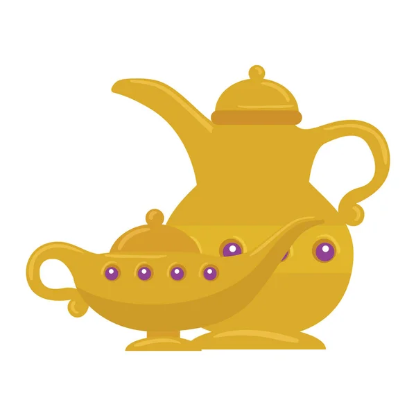 Golden arabian teapot with magic lamp , arabic culture heritage on white background — Stock Vector