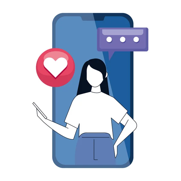 Donna e smartphone con icone dei social media, concetto di comunicazione online su sfondo bianco — Vettoriale Stock